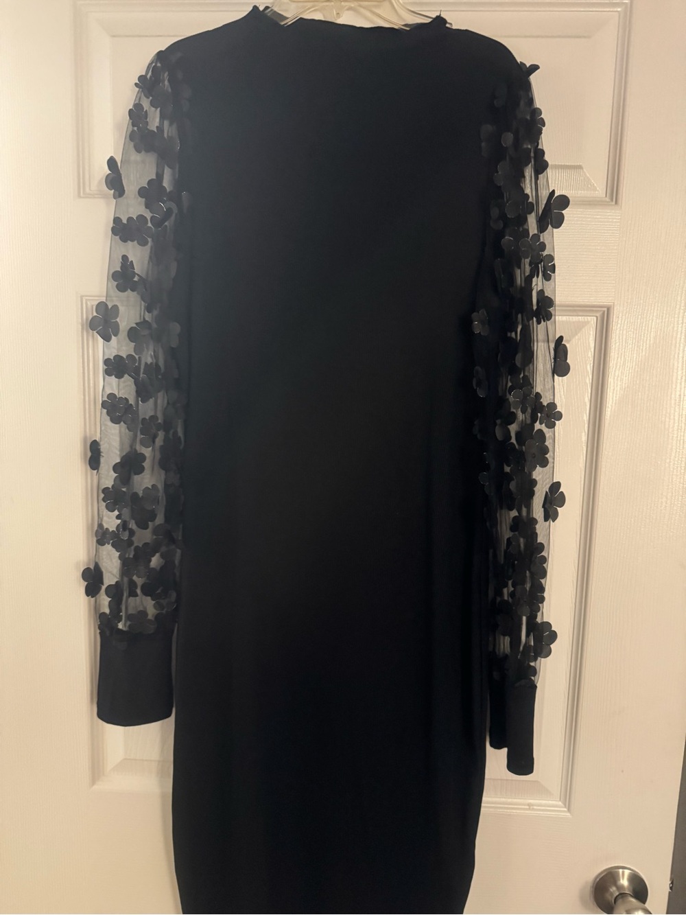 Elegant Black Sheer-Sleeve Dress - Floral Applique